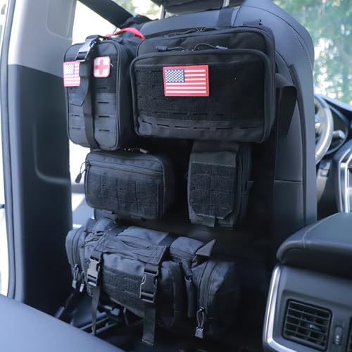 Universal Tactical Seat Back Organizer Vehicle Molle Panel Organizer Storage Bag with 5 Detachable Molle Pouch for All Vehicel Such as Jeep (Upgraded-D-Black)