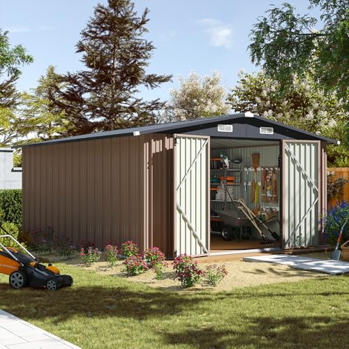 10 x 12FT Outdoor Storage Shed with Double Hinged Large Door (10'x12' / Brown)