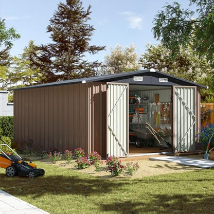 10 x 12FT Outdoor Storage Shed with Double Hinged Large Door (10'x12' / Brown)