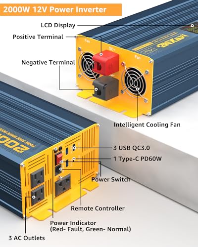 2000W Pure Sine Wave Power Inverter DC 12V to 110V 120V AC with 4 Quick Charging USB Ports& 3 AC Outlets Power Inverters for Vehicles RV Truck Home with LCD Display and Remote Controller (2000W- 12V)
