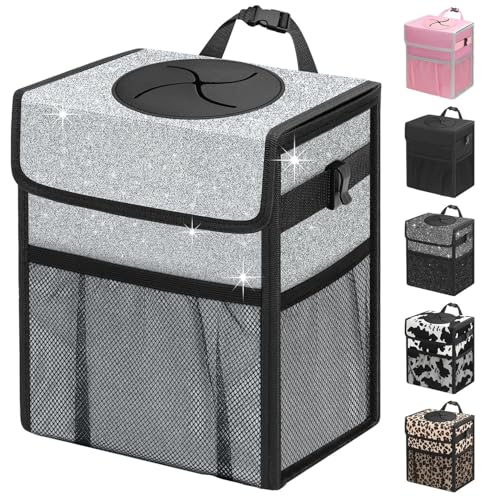 Car Trash Can with Lid (2.5 Gallons / Silver Glitter)