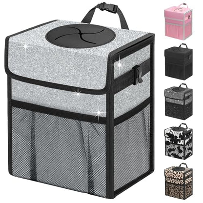 Car Trash Can with Lid (2.5 Gallons / Silver Glitter)