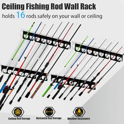 Wall or Ceiling Fishing Rod Storage Rack Vertical Horizontal Holder with 16 Capacity Fishing Rods Reels Mounted Roof Carrier Hooks Hanger for Garage Cabin and Basement Gear Accessories (Store 16 Rods)