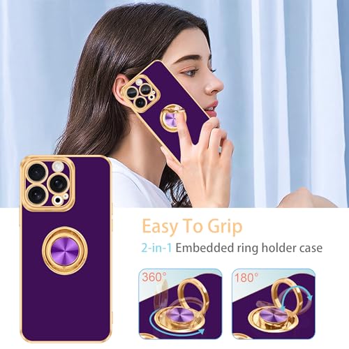 for iPhone 15 Pro Case 360° Rotatable Ring Holder Kickstand Shiny (For iPhone 15 Pro(6.1 inch,2023) / Deep Purple)