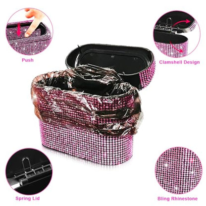 Car Trash Can with Lid (Black/Pink Rhinestone)