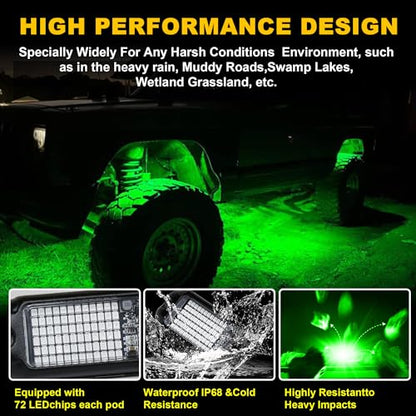 4Pods Pure Green LED Rock Lights 72w high Power Rock Lights Neon Underglow Light for Car Trucks ATV UTV SUV Boat Underbody Glow Trail Rig Light IP68 Waterproof (Pure green rock lights - 4 pack)