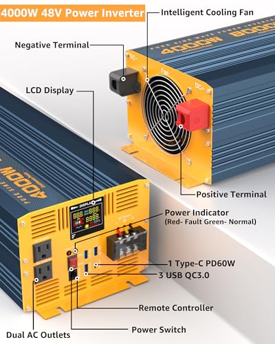 4000W Pure Sine Wave Power Inverter DC 48V to AC 110V 120V for Home RV with Dual AC Outlets 1 USB (4000W- 48V)