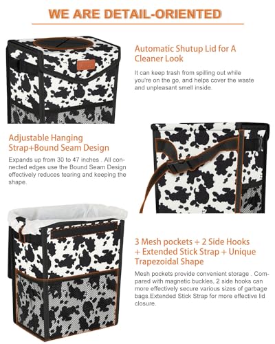 Car Trash Can with Lid Leakproof Car Garbage Bag Vehicle Trash Bin (2.8 Gallons / Cow Print)
