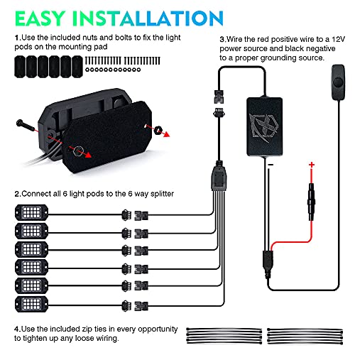 Bluetooth Rock Lights Multicolor Neon Accent Lights Underglow Kits (6 Pods / Standard Housing)