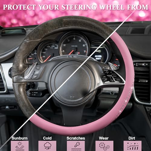 Bling Diamond Pink Leather Steering Wheel Cover (All Pink 1PCS)