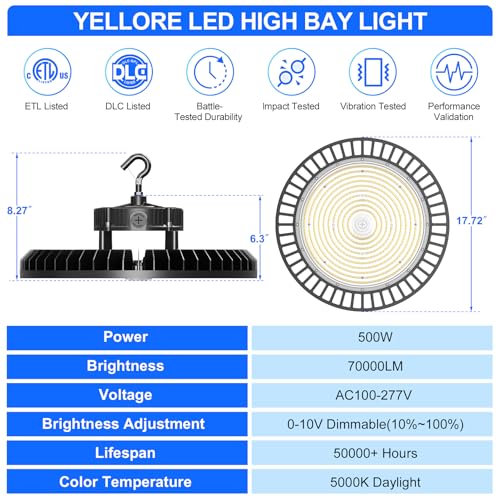 10 Pack 500W LED High Bay Light 70000LM ETL Listed Industrial Grade UFO Light Dimmable IP65 Waterproof 5000K Commercial Bay Lighting for Warehouse Garage Factory 110V 120V (Black)