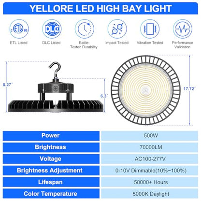 10 Pack 500W LED High Bay Light 70000LM ETL Listed Industrial Grade UFO Light Dimmable IP65 Waterproof 5000K Commercial Bay Lighting for Warehouse Garage Factory 110V 120V (Black)