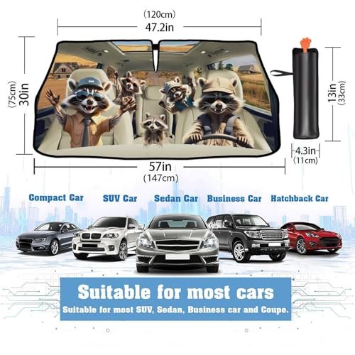 2025 Upgrade Funny Animals Car Windshield Sun Shade Umbrella 5 Layers Nano Coatings Raccoon Driving Car Front Window UV Block Sunshade Cover for Most Cars SUV (Raccoon Driving)