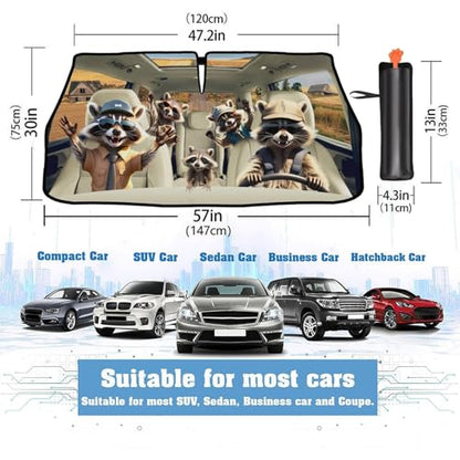 2025 Upgrade Funny Animals Car Windshield Sun Shade Umbrella 5 Layers Nano Coatings Raccoon Driving Car Front Window UV Block Sunshade Cover for Most Cars SUV (Raccoon Driving)
