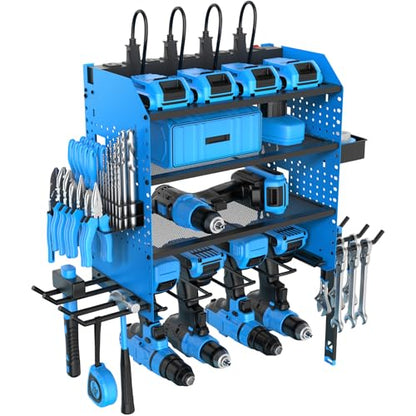 Heavy Duty Power Tool Organizer Wall Mount with Charging Station (Blue)