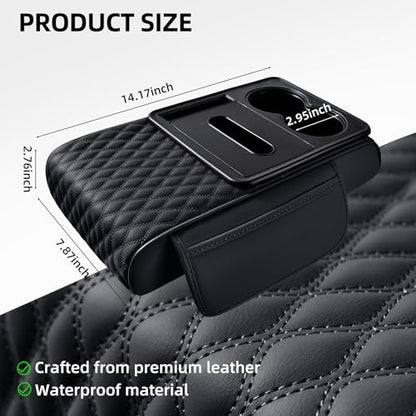 5-in-1 Car Center Console Armrest Cover Pad, Multifunctional Car Arm Rest Organizer with Cup Holder, Tissue Slot & Side Storage Pockets, Soft Leather Auto Armrest Cushion, Black (Black)