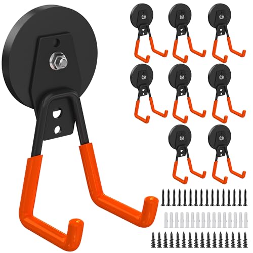 8 Pack Heavy Duty Storage Magnetic Utility Hooks Large Garage Strong Extra Magnet Hooks Hanger with Anti (2.6in Magnet-8 Pack-Orange)