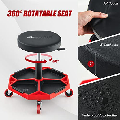Mechanic Stool with Wheels (Red / Tool Tray)