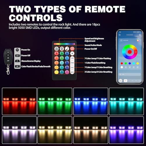 RGB LED Rock Lights Kit 10 PCS 18LED Wide Angle Wheel Well Light (10 Pods / RGB 18LED)