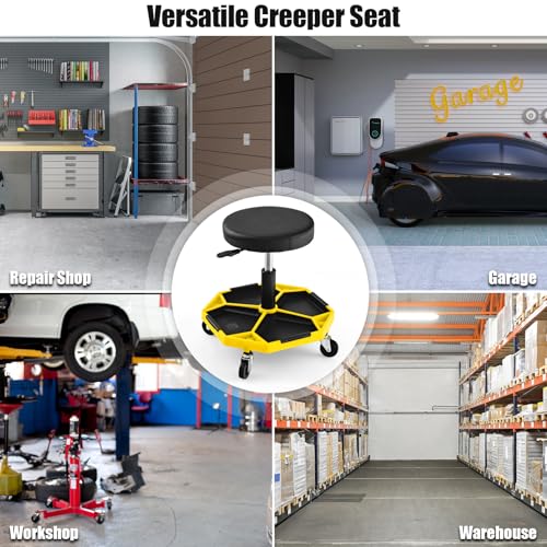 Rolling Mechanic Stool with Removable Tool Tray & Padded Cushion (Bottom Tool Tray / Yellow)