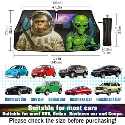 Funny Alien Astronaut Car Windshield Sun Shade Umbrella Bendable Handle Foldable Funny Sunshade for Car Windshield Block UV Rays Keep Vehicle Cool for Most Sedans SUV Trucks Cars 57"x30" (147*75cm,33*11cm / Funny Alien Astronaut)