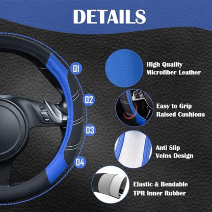 Line Rider Microfiber Leather Sporty Steering Wheel Cover Universal Fits for 95% Truck (Black＆Blue / Standard[14.5"-15"])