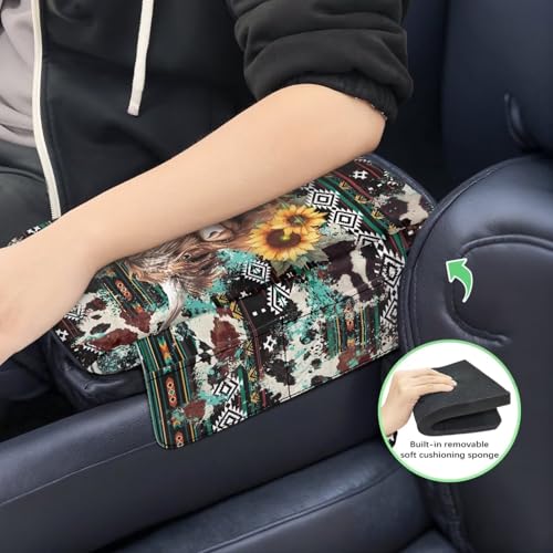 Aztec Highland Cow Sunflower Car Center Console Cover Soft Armrest Cover Protector Wear (Aztec Highland Cow Sunflower)
