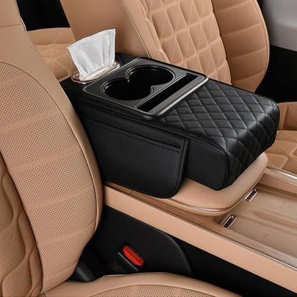 5-in-1 Center Console Cover with Cup Holder & Phone Slot, Universal Car Armrest Cushion Organizer, Leather Armrest Cover for Car (Style-A)