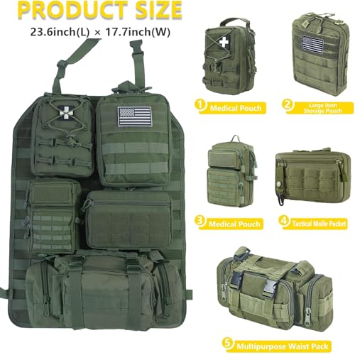 Universal Tactical Seat Back Organizer Vehicle Molle Panel Organizer Storage Bag with 5 Detachable Molle Pouch for All Vehicel Such as Jeep (Upgraded-B-Military Green)