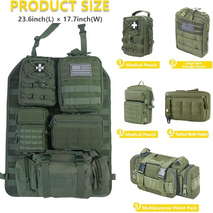 Universal Tactical Seat Back Organizer Vehicle Molle Panel Organizer Storage Bag with 5 Detachable Molle Pouch for All Vehicel Such as Jeep (Upgraded-B-Military Green)