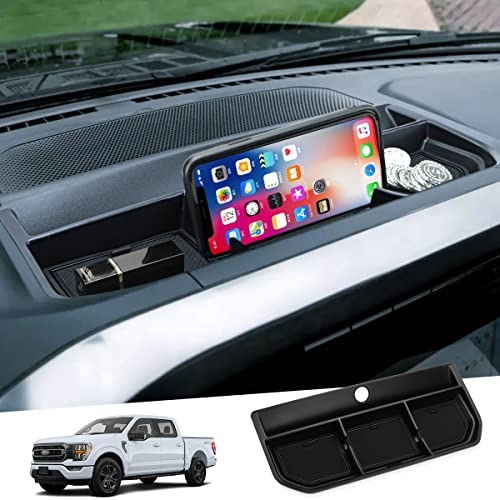 Dashboard Organizer Tray for Ford F150 2021 2022 2023 Center Console Car Dashboard Accessories Phone Holder ABS Insert Secondary Storage Box with 3 Non Slip Rubber Mats (Black)