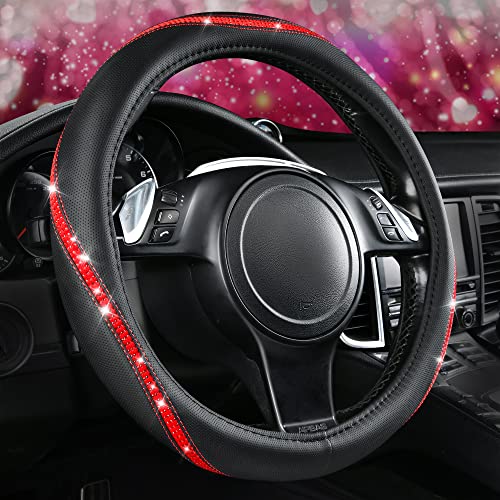 Bling Diamond Black Leather Steering Wheel Cover (Red Diamond 1PCS)