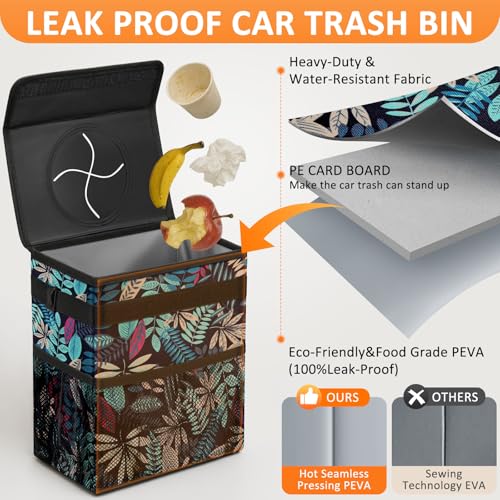 Car Trash Can with Lid Leak Proof Car Accessories for Women (3 Gallons / Colorful Leaves)