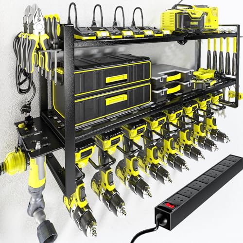 Power Tool Organizer with Charging Station. 8 Drill Holder 3 Layers Tool Storage Shelf Wall Mount Built in 8 Outlet Power Strip.Tool Battery Holder with Screwdriver (3L-8D / Black with Power)