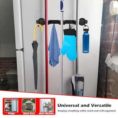 Heavy Duty Magnetic Broom Holder (Heavy Duty,Black,3 Hooks 4 Slots)