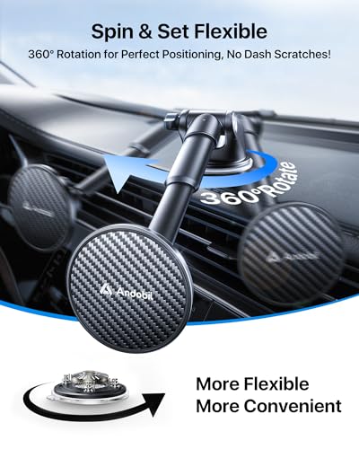 Military Grade】andobil 3 in1 Magnetic Phone Holder for Car Dashboard Windshield Vent 【Upgrade Suction & Strongest Magnet】Retractable for MagSafe Car Mount Mats for iPhone 17 16 15 14 Pro Max Sumsung (dashboard-black)