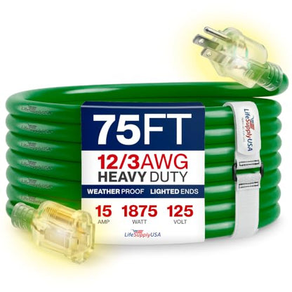 75ft Outdoor Indoor Extension Cord 12 (75 FT / 12AWG / Green)