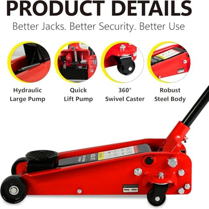 3 Ton Low Profile Floor Jack (Red - 3 Ton(Single Pump), Lift 5.1"-20")