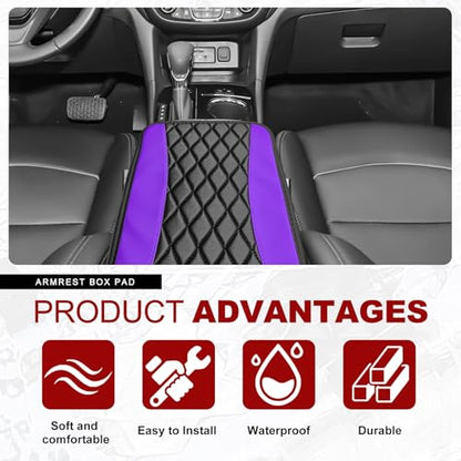 Leather Car Center Console Cover with Side Storage Pockets (Purple)