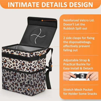 Car Trash Can with Lid Leak Proof Car Accessories for Women (2.2 Gallons / Leopard Pattern)