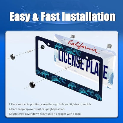Sea Turtle License Plate Frame Stainless Steel Accessory 12.3"x 6.3" (Funny Turtle Blue Beach Animal)