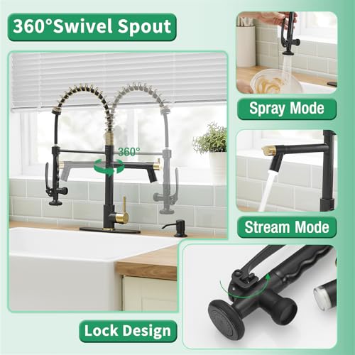 Commercial Kitchen Faucets with Pull Down Sprayer Matte Black&Gold (Black&Gold)