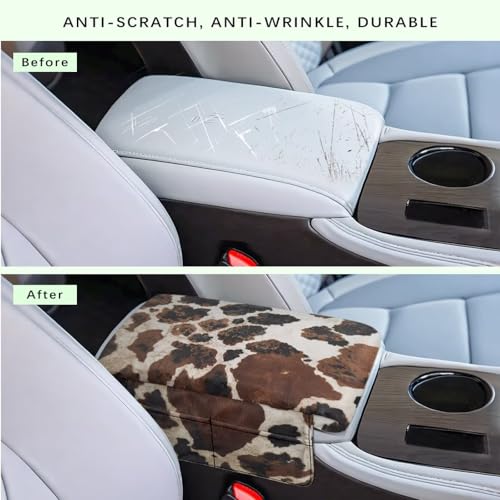 Brown Black Cow Print Car Center Console Pad Soft Armrest Cover Protector with Pockets Storage Bag Scratch Resistant Arm Rest Covering Middle Console Pad Auto Decoration (Brown Black Cow Print)