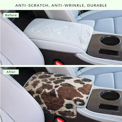 Brown Black Cow Print Car Center Console Pad Soft Armrest Cover Protector with Pockets Storage Bag Scratch Resistant Arm Rest Covering Middle Console Pad Auto Decoration (Brown Black Cow Print)