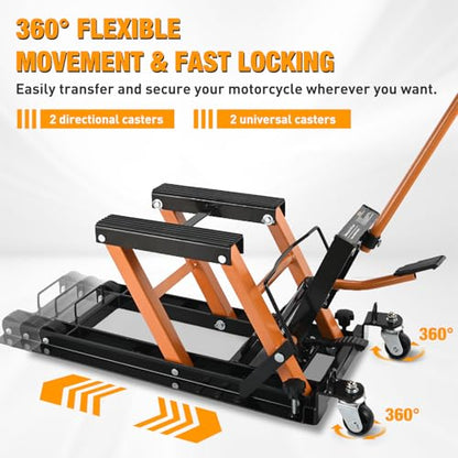 Motorcycle Lift Jack 1500 LBS Hydraulic Lifts ATV Scissor Jacks with Wheel Foot Pedal Handle Ratchet Belt Heavy Duty Lifter Stand Hoist Table for Dirt Bike Garage Storage Repair Tool (Orange Hydraulic w Wheels)