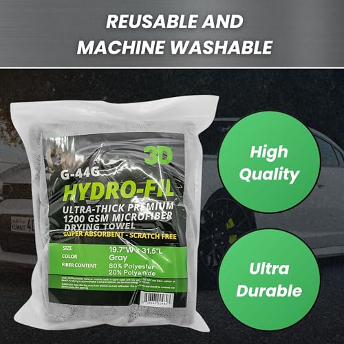 Hydro-FIL XL | Professional Grade Microfiber Towel | Extra Large 20” x 31.5” | Highly Absorbent | Premium Drying Cloth for Car Detailing (Grey) (Grey)