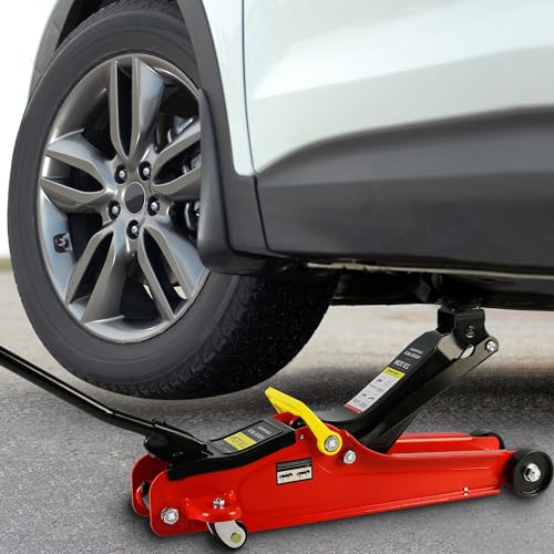 5 Piece Car Truck Floor Jack Service (Red - 2 Ton(Single Pump), Lift 3.3"-15.2" (Floor Jack+2 Jack Stands+Repair Kit+Wrench))