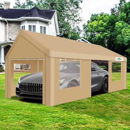 Carport 12x20ft Heavy Duty Portable Garage (Khaki / 12'x20'(+4 Wall))