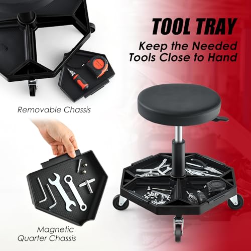Rolling Mechanic Stool with Removable Tool Tray & Padded Cushion (Bottom Tool Tray / Black)