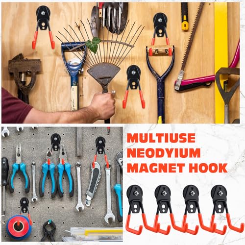 4 Pcs Large Magnetic Hooks Heavy Duty Garage Magnet Hooks Strong Storage Utility Magnetic Hangers with Anti Slip Rubber Coating for Indoor and Outdoor Hanging (Orange)